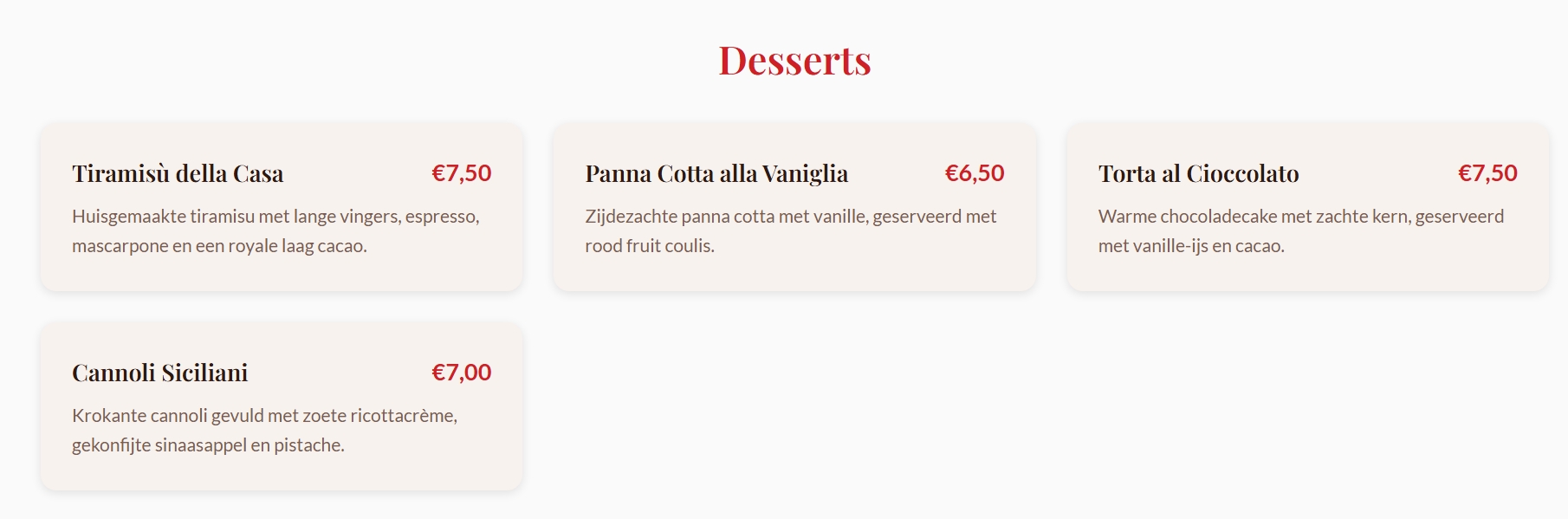 Menukaart — Desserts