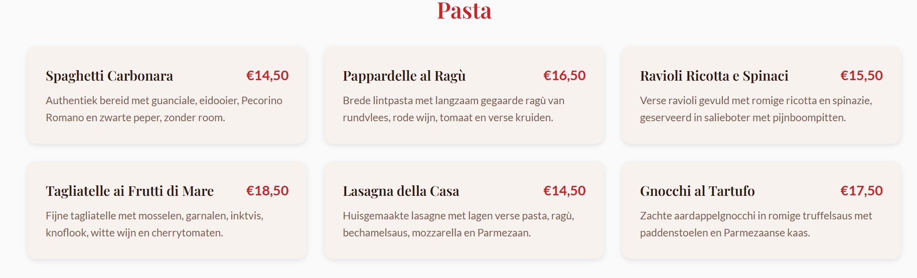 Menukaart — Pasta