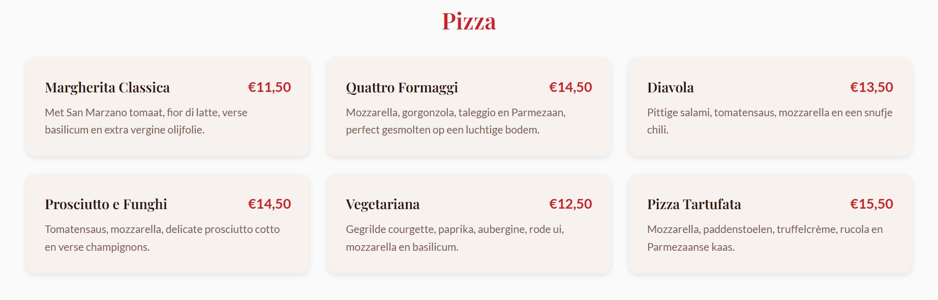 Menukaart — Pizza